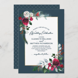 Dusty Blue | Burgundy Red Bloom Winter Wedding Einladung