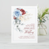 Dusty Blue & Burgundy Red Boho Floral Wedding Einladung (Stehend Vorderseite)