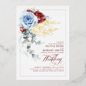 Dusty Blue & Burgundy Red Floral Boho Wedding Folieneinladung (Vorderseite)