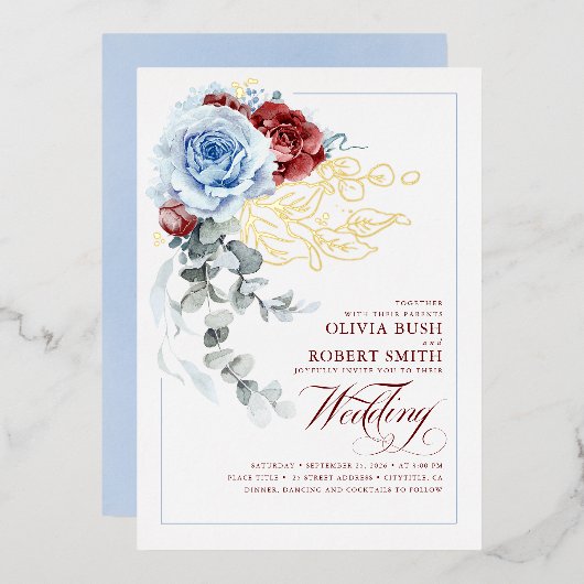 Dusty Blue & Burgundy Red Floral Boho Wedding Folieneinladung (Vorderseite/Rückseite)