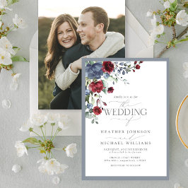 Dusty Blue Burgundy Red Floral Watercolor Foto Einladung