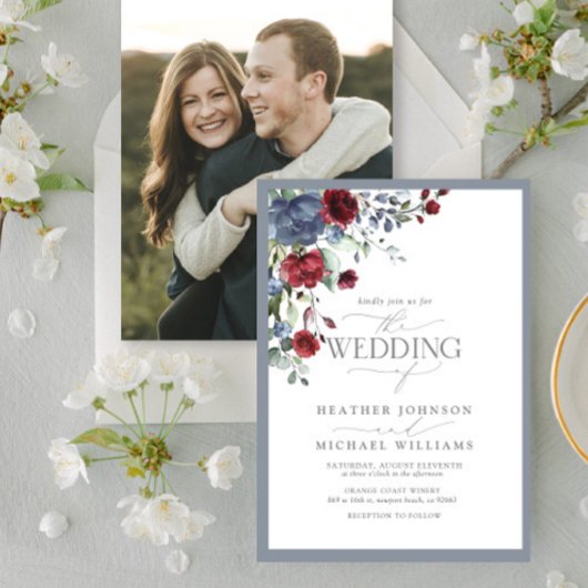 Dusty Blue Burgundy Red Floral Watercolor Foto Einladung