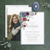 Dusty Blue Burgundy Red Floral Watercolor Foto Einladung