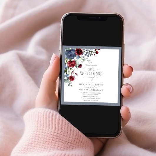 Dusty Blue Burgundy Red Floral Watercolor Script Einladung