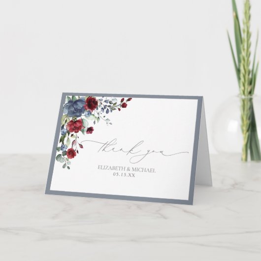 Dusty Blue Burgundy Red Floral Wedding Card Karte (Vorderseite)