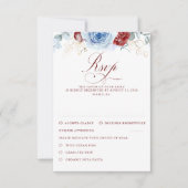Dusty Blue Burgundy Red Flowers Wedding RSVP Karte (Vorderseite)