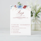 Dusty Blue Burgundy Red Flowers Wedding RSVP Karte (Stehend Vorderseite)