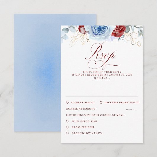 Dusty Blue Burgundy Red Flowers Wedding RSVP Karte (Vorne/Hinten)
