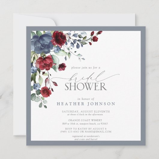 Dusty Blue Burgundy Red Watercolor Brautparty Einladung (Vorderseite)