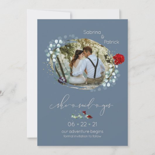 Dusty Blue Burgundy sagte Yes Foto SavetheDate Save The Date (Vorderseite)