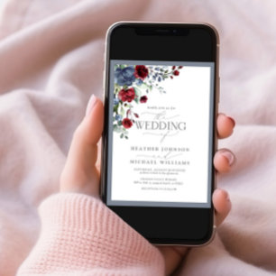 Dusty Blue Burgundy Watercolor Floral Wedding Einladung