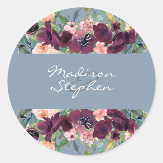 Dusty Blue | Burgundy Watercolor Floral Wedding Runder Aufkleber (Vorderseite)