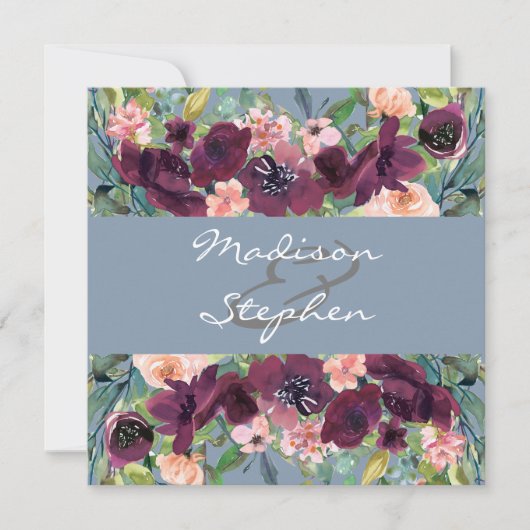 Dusty Blue | Burgundy Watercolor Wedding Einladung (Vorderseite)