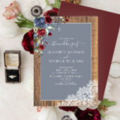 Dusty Blue Burgundy Wood Lace Script Wedding Einladung