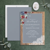 Dusty Blue Burgundy Wood Lace Script Wedding Einladung