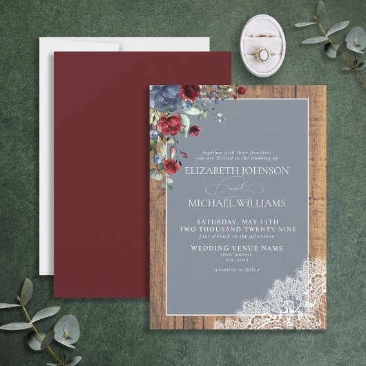 Dusty Blue Burgundy Wood Lace Script Wedding Einladung