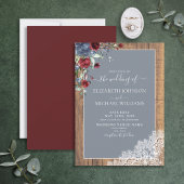 Dusty Blue Burgundy Wood Lace Script Wedding Einladung