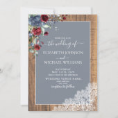Dusty Blue Burgundy Wood Lace Script Wedding Einladung (Vorderseite)