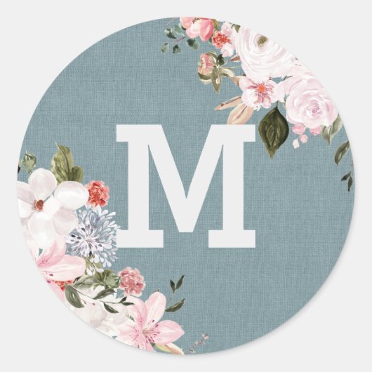 Dusty Blue Burlap Rustic Floral Wedding Monogramm Runder Aufkleber (Vorderseite)