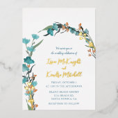 Dusty Blue Burnt Orange Botanische Wasserfarbe Folieneinladung (Vorderseite)