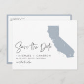 Dusty Blue California Map QR-Code Save the Date Ankündigungspostkarte (Vorne/Hinten)