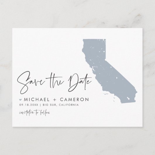 Dusty Blue California Map QR-Code Save the Date Ankündigungspostkarte (Vorderseite)