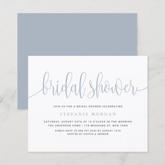 Dusty Blue Calligraphy Bridal Dusche Einladung (Vorne/Hinten)