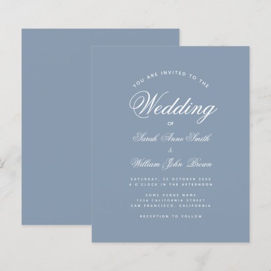 Dusty Blue Calligraphy Budget Hochzeit Einladung (Vorne/Hinten)