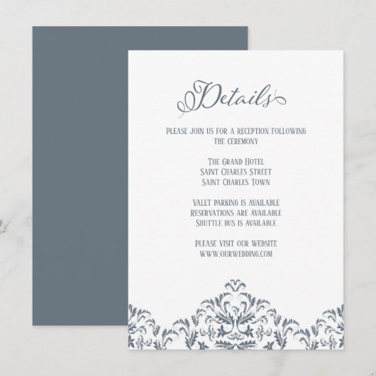 Dusty Blue Calligraphy Elegante Wedding Details Begleitkarte (Vorne/Hinten)