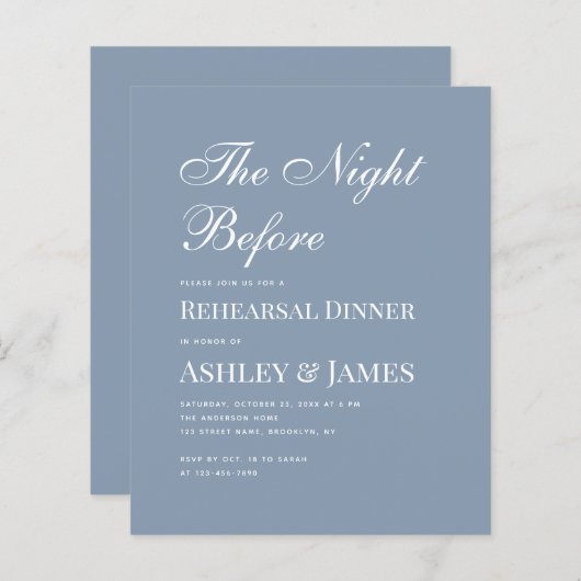 Dusty Blue Calligraphy Probe Dinner Einladung (Vorne/Hinten)
