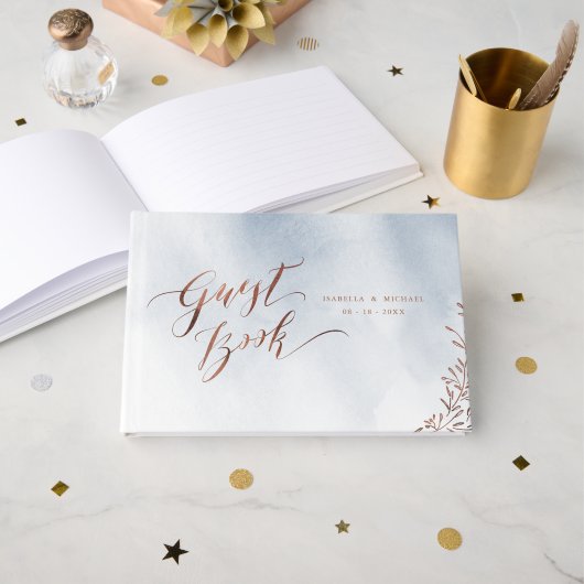 Dusty blue calligraphy rustic wedding guest book gästebuch (Vorderseite Offen)