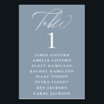 Dusty Blue Calligraphy Seating Chart Tischnummer<br><div class="desc">Eleganter weißer Kalligraphie-"Tisch",  mit Gästennamen aufgelistet und Tischnummer,  Hochzeitssitzkarte Tischnummer. Hintergrundfarbe in staubblau dargestellt,  kann angepasst werden.</div>
