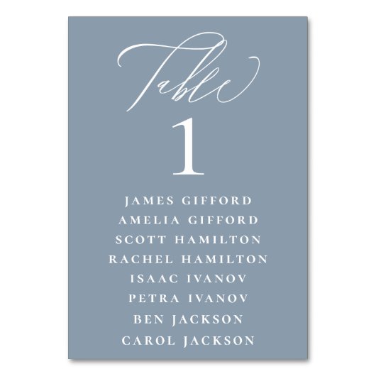 Dusty Blue Calligraphy Seating Chart Tischnummer (Vorderseite)