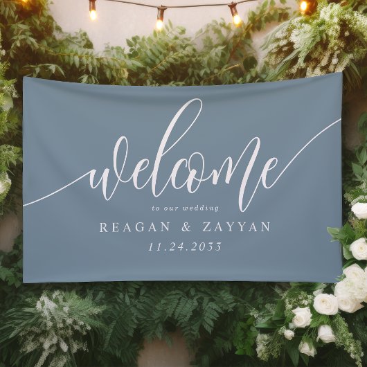 Dusty Blue Calligraphy Simple Wedding Willkommen Banner