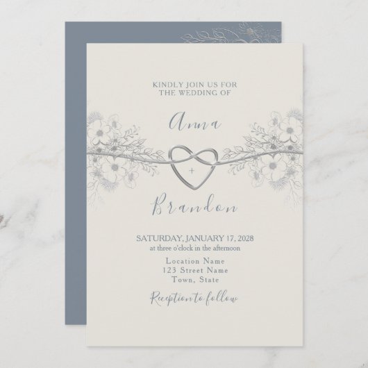 Dusty Blue Calligraphy Wedding Einladung (Vorne/Hinten)