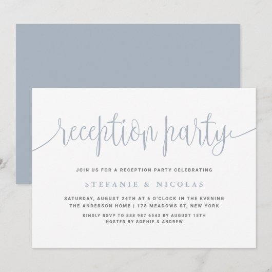 Dusty Blue Calligraphy Wedding Reception Party Einladung (Vorne/Hinten)