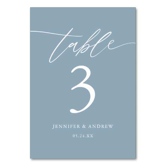 Dusty Blue Calligraphy Wedding Table Cards Tischnummer (Vorderseite)
