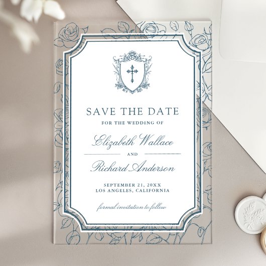 Dusty Blue Catholic Wedding Save the Date Acryleinladungen