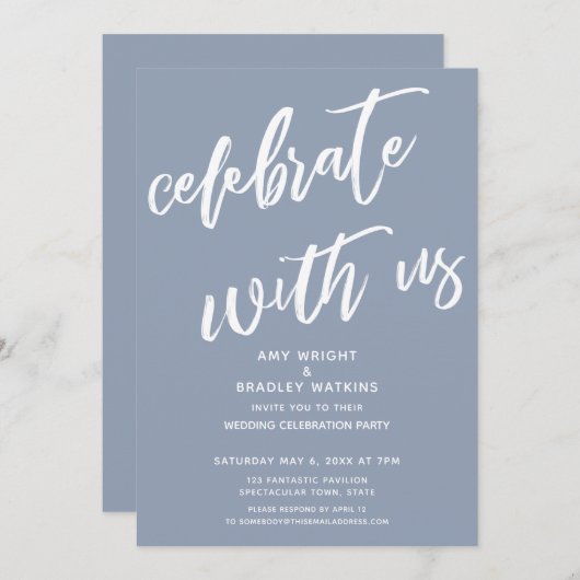 Dusty Blue Celebrate mit Uns Hochzeitsempfang Einladung (Vorne/Hinten)