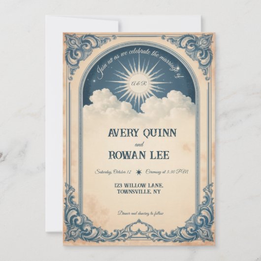 Dusty Blue Celestial Hochzeit Einladung Zeitpapier (Vorderseite)