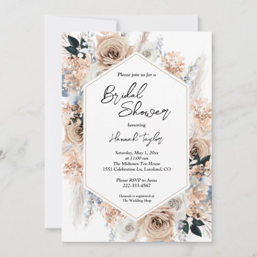 Dusty Blue Champagne Floral Boho Brautparty Einladung (Vorderseite)