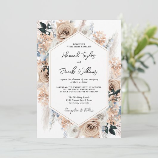 Dusty Blue Champagne Floral Wedding Einladung (Stehend Vorderseite)