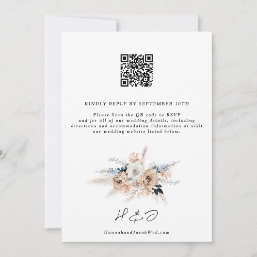 Dusty Blue Champagne Floral Wedding QR Code UAWG Einladung (Rückseite)