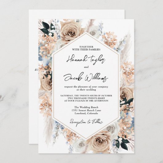 Dusty Blue Champagne Floral Wedding QR Code UAWG Einladung (Vorne/Hinten)