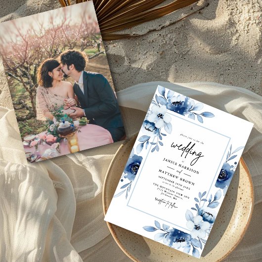 Dusty Blue Champagne Ivory Floral Foto Wedding Einladung
