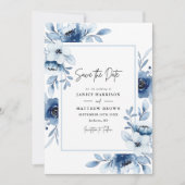 Dusty Blue Champagne Ivory Floral Foto Wedding Save The Date (Vorderseite)