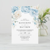 Dusty Blue Champagne Ivory Peonies Floral Wedding Einladung (Stehend Vorderseite)