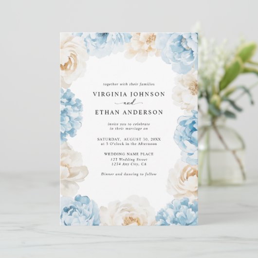 Dusty Blue Champagne Ivory Peonies Floral Wedding Einladung (Stehend Vorderseite)