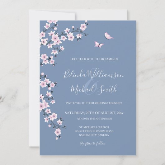 Dusty Blue Cherry Blossom | Hochzeit Einladung (Vorderseite)