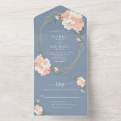 Dusty Blue Chic Blush Gold Peach Floral Wedding All In One Einladung (Innen Boden)